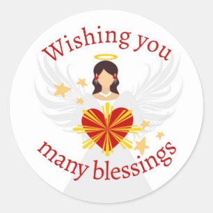Christmas Angel Red Heart Stars Wishing Blessings Classic Round Sticker
