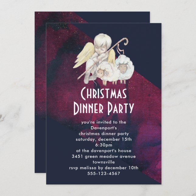 Christmas Angel Shepherd with Lambs Dinner Party Invitation (Front/Back)