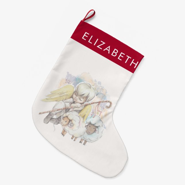 Christmas Angel Shepherd with Lambs Large Christmas Stocking (Front (Hanging))
