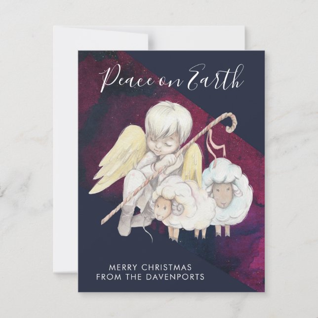 Christmas Angel Shepherd with Lambs Peace on Earth Holiday Card (Front)