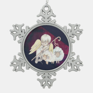 Christmas Angel Shepherd with Lambs Snowflake Pewter Christmas Ornament