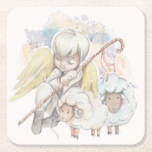 Christmas Angel Shepherd with Lambs Square Paper Coaster