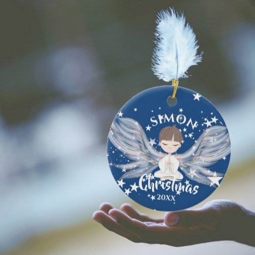 Christmas Angel Stars Photo Blue Cute   Ceramic Or Ceramic Ornament