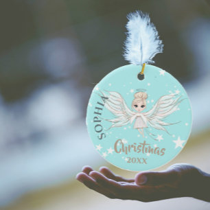 Christmas Angel Stars Photo Blue Pink Cute Ceramic Ornament