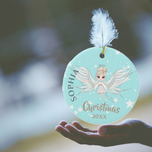 Christmas Angel Stars Photo Blue Pink Cute  Ceramic Ornament