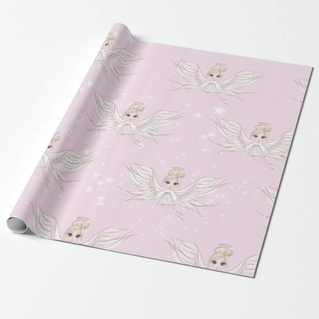 Christmas Angel Stars Pink Cute  Wrapping Paper (Unrolled)