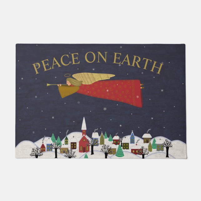 Christmas Angel Village Peace on Earth Monogram Doormat (Front)