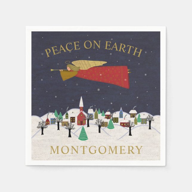 Christmas Angel Village Peace on Earth Monogram Napkins (Front)