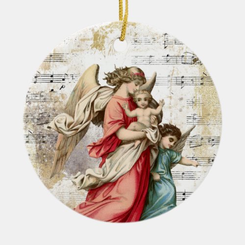 Christmas Angel Wings Music Gold Religious Child Ceramic Ornament