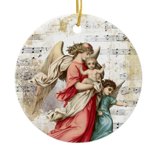 Christmas Angel Wings Music Gold Religious Child Ceramic Ornament