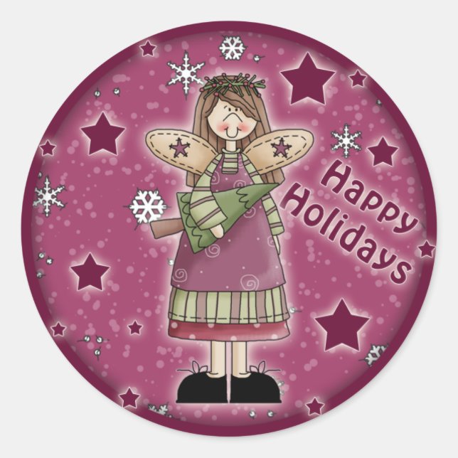 Christmas angel with Christmas tree Classic Round Sticker (Front)
