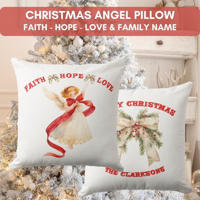 Christmas Angel with Family Name Throw Pillow (Christmas Angel with Family Name Throw Pillow)