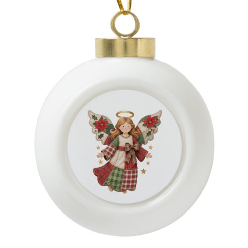 Christmas Angel with Golden Stars Ceramic Ball Christmas Ornament