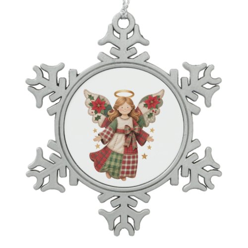 Christmas Angel with Golden Stars Snowflake Pewter Christmas Ornament