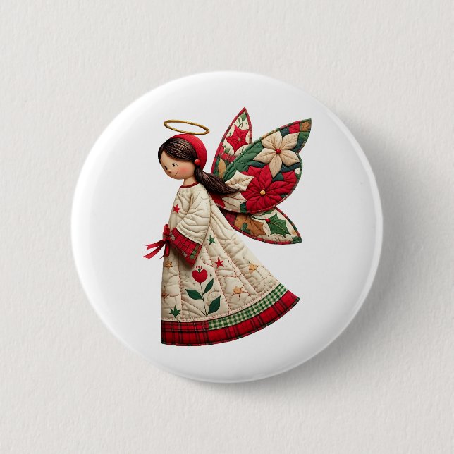 Christmas Angel with Holiday Flowers Button (Front)