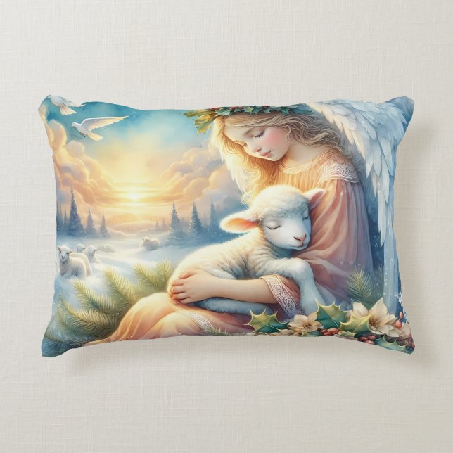 Christmas Angel with Lamb in Winter Peace Accent Pillow (Front)