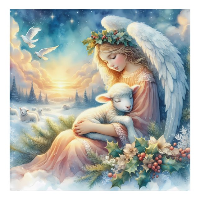 Christmas Angel with Lamb in Winter Peace Acrylic Print (Front)