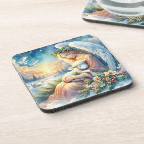 Christmas Angel with Lamb in Winter Peace Beverage Coaster