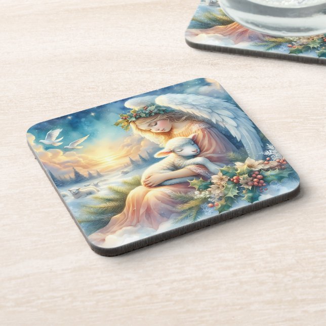 Christmas Angel with Lamb in Winter Peace Beverage Coaster (Left Side)