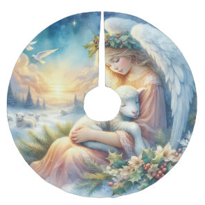 Christmas Angel with Lamb in Winter Peace Brushed Polyester Tree Skirt