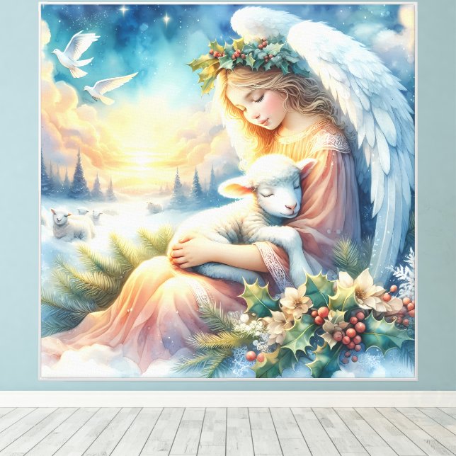 Christmas Angel with Lamb in Winter Peace Canvas Print (Insitu(Wood Floor))