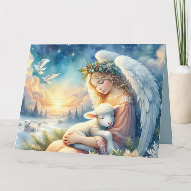 Christmas Angel with Lamb in Winter Peace Card (Front)
