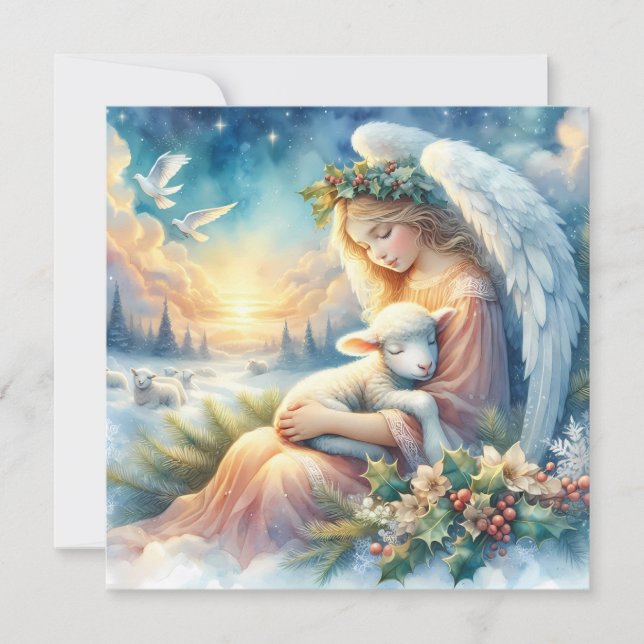Christmas Angel with Lamb in Winter Peace Card (Front)