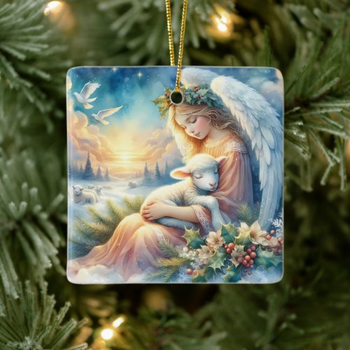 Christmas Angel with Lamb in Winter Peace Ceramic Ornament
