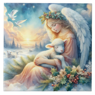 Christmas Angel with Lamb in Winter Peace Ceramic Tile