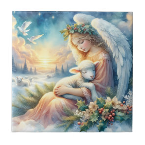 Christmas Angel with Lamb in Winter Peace Ceramic Tile