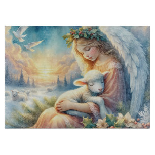 Christmas Angel with Lamb in Winter Peace Cutting Board
