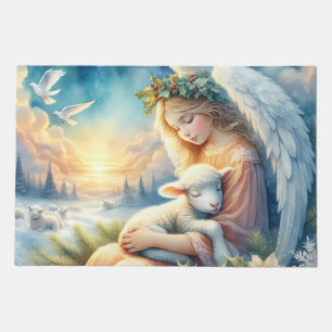 Christmas Angel with Lamb in Winter Peace Doormat