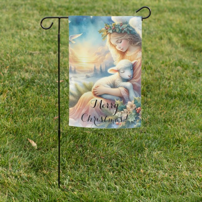 Christmas Angel with Lamb in Winter Peace Garden Flag (In SItu)