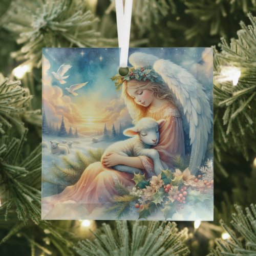 Christmas Angel with Lamb in Winter Peace Glass Ornament