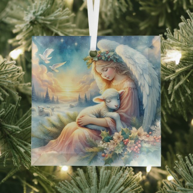 Christmas Angel with Lamb in Winter Peace Glass Ornament (Insitu)