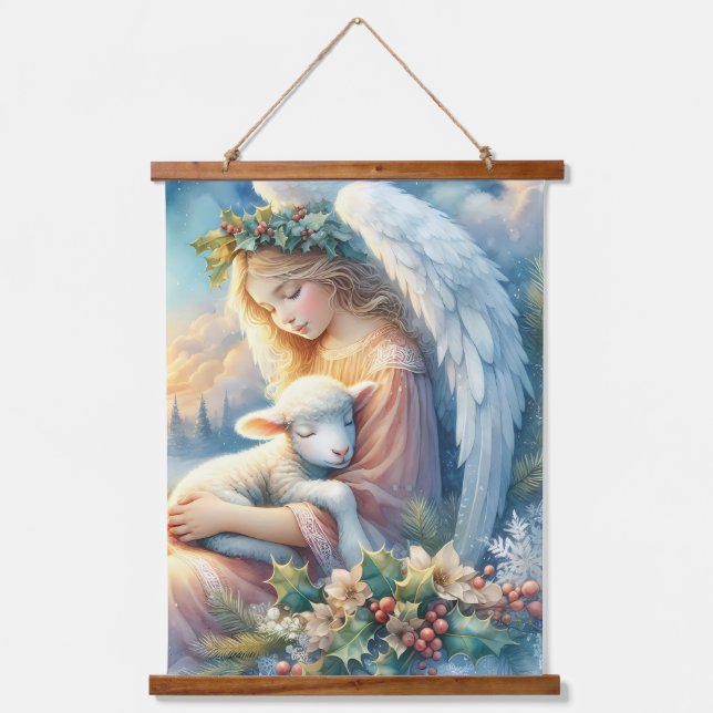 Christmas Angel with Lamb in Winter Peace Hanging Tapestry (Front)