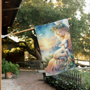 Christmas Angel with Lamb in Winter Peace House Flag