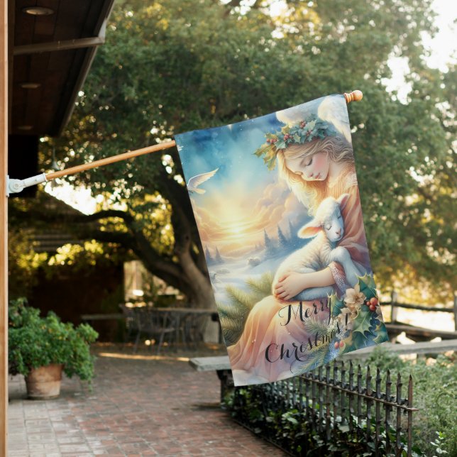 Christmas Angel with Lamb in Winter Peace House Flag (In SItu)