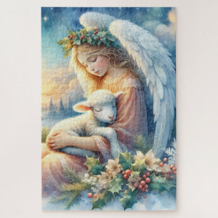 Christmas Angel with Lamb in Winter Peace Jigsaw Puzzle