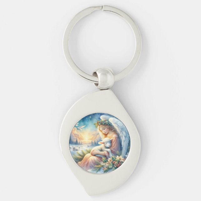 Christmas Angel with Lamb in Winter Peace Keychain (Front)