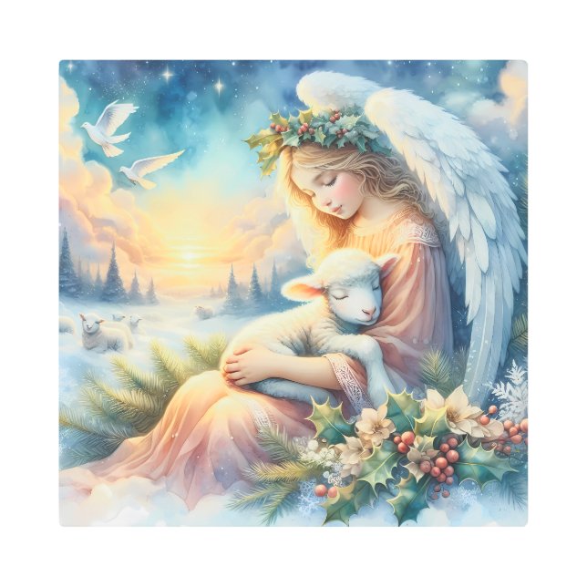 Christmas Angel with Lamb in Winter Peace Metal Print (Front)