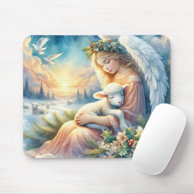 Christmas Angel with Lamb in Winter Peace Mouse Pad (With Mouse)