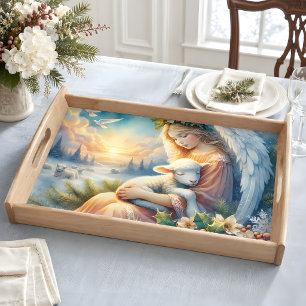 Christmas Angel with Lamb in Winter Peace Serving Tray
