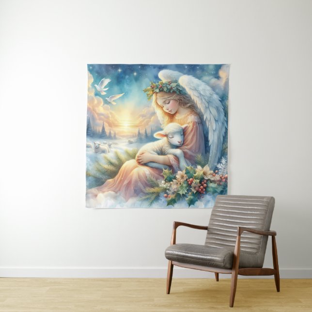 Christmas Angel with Lamb in Winter Peace Tapestry (In Situ)