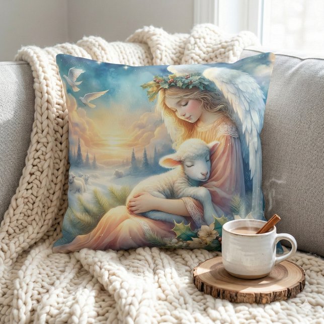 Christmas Angel with Lamb in Winter Peace Throw Pillow (Christmas Angel with Lamb in Winter Peace Throw Pillow Mockup A)