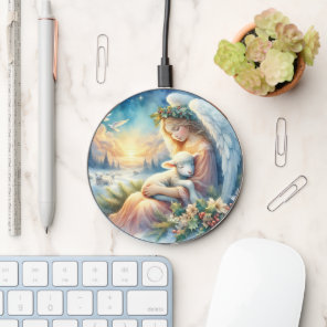 Christmas Angel with Lamb in Winter Peace Wireless Charger