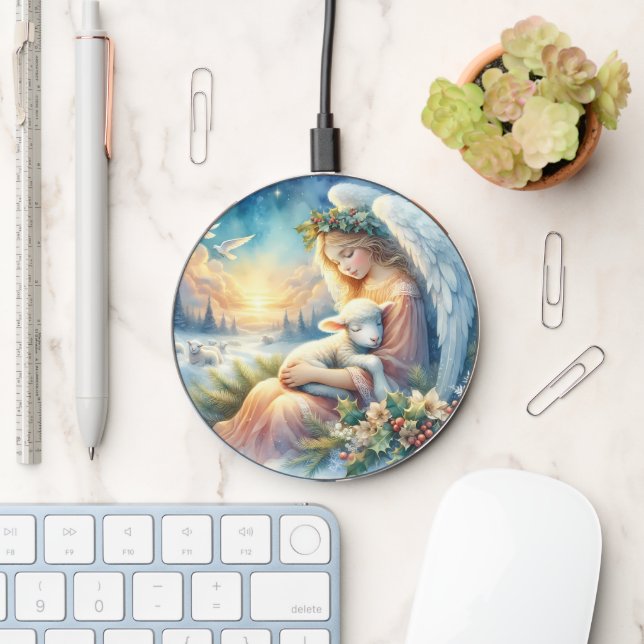 Christmas Angel with Lamb in Winter Peace Wireless Charger (Desk)