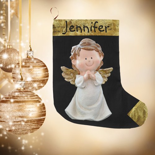 Christmas Angel With Name Gold  Large Christmas Stocking