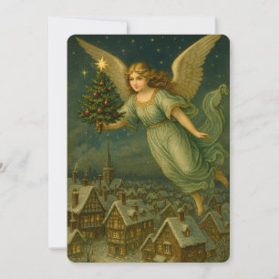 Christmas Angel With Tree Retro Victorian Era Holiday Card