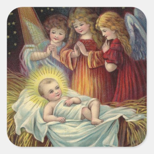Christmas Angels Greeting Baby Jesus Vintage Image Square Sticker